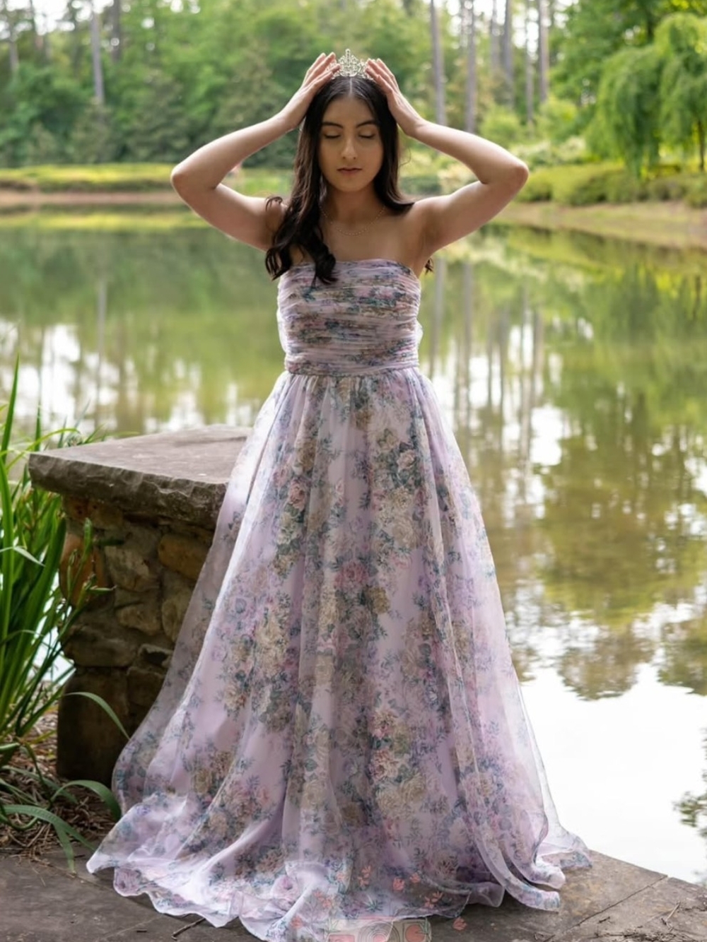 Strapless Floral Lavender A-Line Tulle Prom Gown